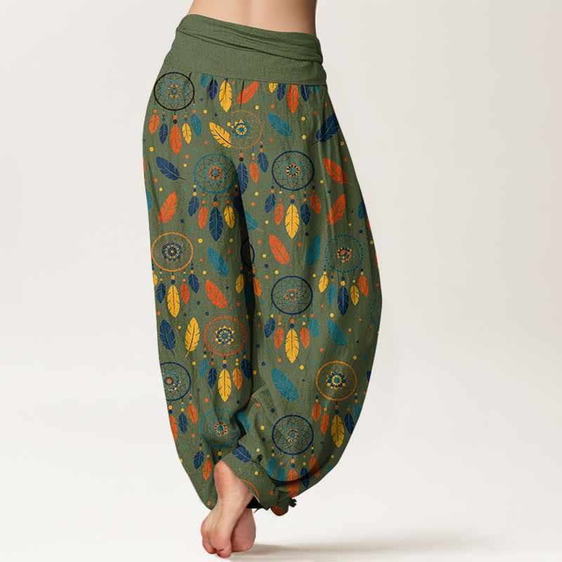 Buddha Stones Cotton Dreamcatcher Feather Pattern Women's Elastic Waist Harem Pants - image 7