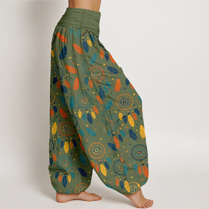 Buddha Stones Cotton Dreamcatcher Feather Pattern Women's Elastic Waist Harem Pants - image 6