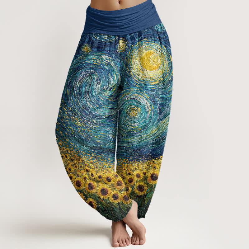 Buddha Stones Cotton Starry Night Sunflower Pattern Women's Elastic Waist Harem Pants - RoyalBlue - US16，UK/AU20，EU48 (3XL) - image 0