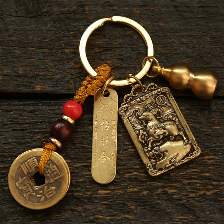 Buddha Stones Copper Chinese Zodiac Five Emperor Coins Gourd Protection Keychains - Goat - image 0