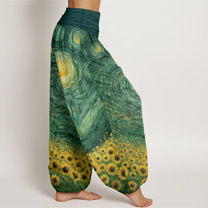 Buddha Stones Cotton Starry Night Sunflower Pattern Women's Elastic Waist Harem Pants - image 6