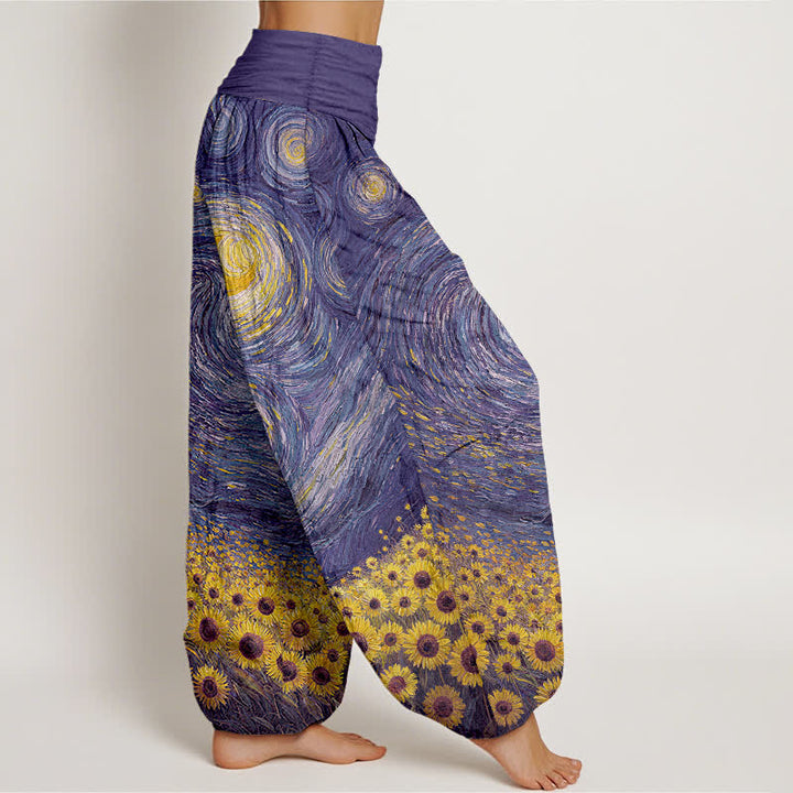 Buddha Stones Cotton Starry Night Sunflower Pattern Women's Elastic Waist Harem Pants - image 9