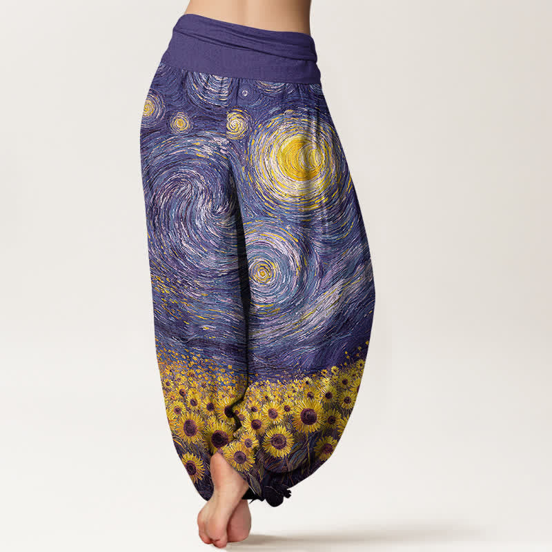 Buddha Stones Cotton Starry Night Sunflower Pattern Women's Elastic Waist Harem Pants - image 10