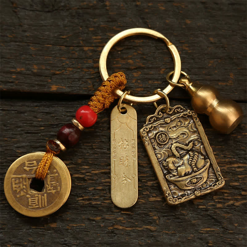 Buddha Stones Copper Chinese Zodiac Five Emperor Coins Gourd Protection Keychains - Pig - image 20