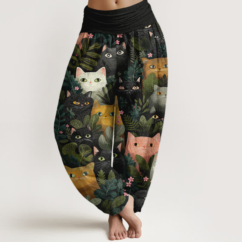 Buddha Stones Cotton Cartoon Cat Leaf Pattern Women's Elastic Waist Harem Pants - Black - US16，UK/AU20，EU48 (3XL) - image 0