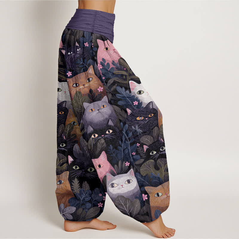 Buddha Stones Cotton Cartoon Cat Leaf Pattern Women's Elastic Waist Harem Pants - image 9