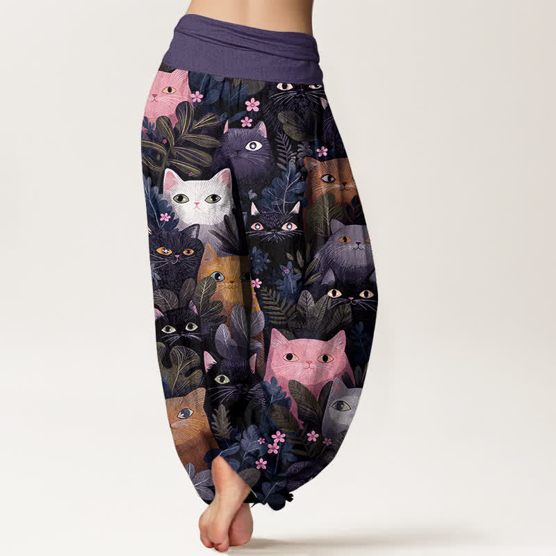 Buddha Stones Cotton Cartoon Cat Leaf Pattern Women's Elastic Waist Harem Pants - image 10