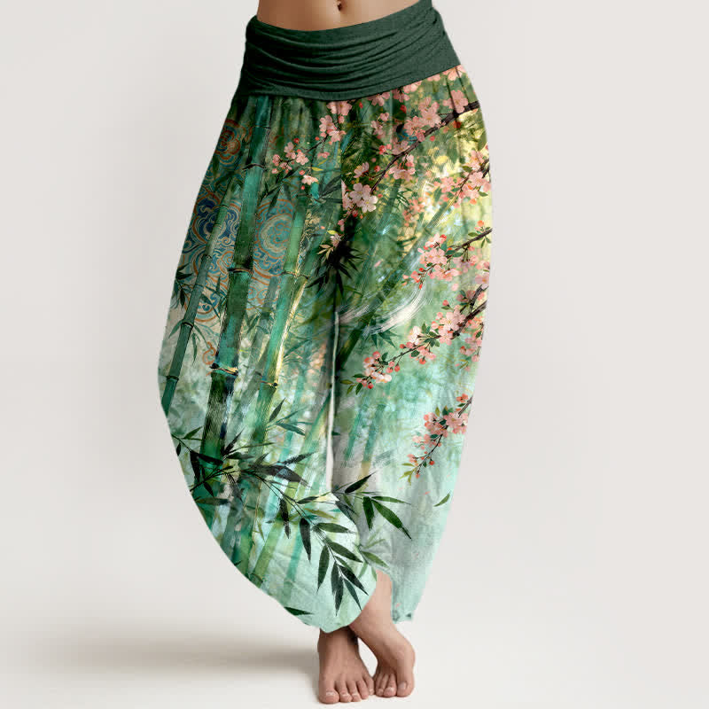 Buddha Stones Cotton Bamboo Cherry Blossom Pattern Women's Elastic Waist Harem Pants - SeaGreen - US16，UK/AU20，EU48 (3XL) - image 0