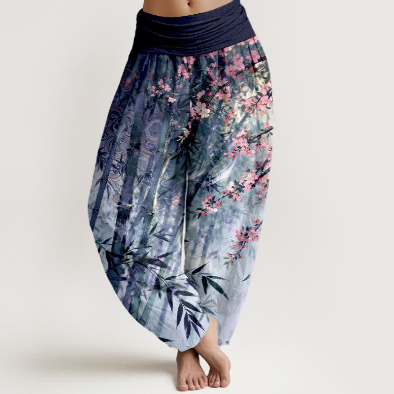 Buddha Stones Cotton Bamboo Cherry Blossom Pattern Women's Elastic Waist Harem Pants - Indigo - US16，UK/AU20，EU48 (3XL) - image 8