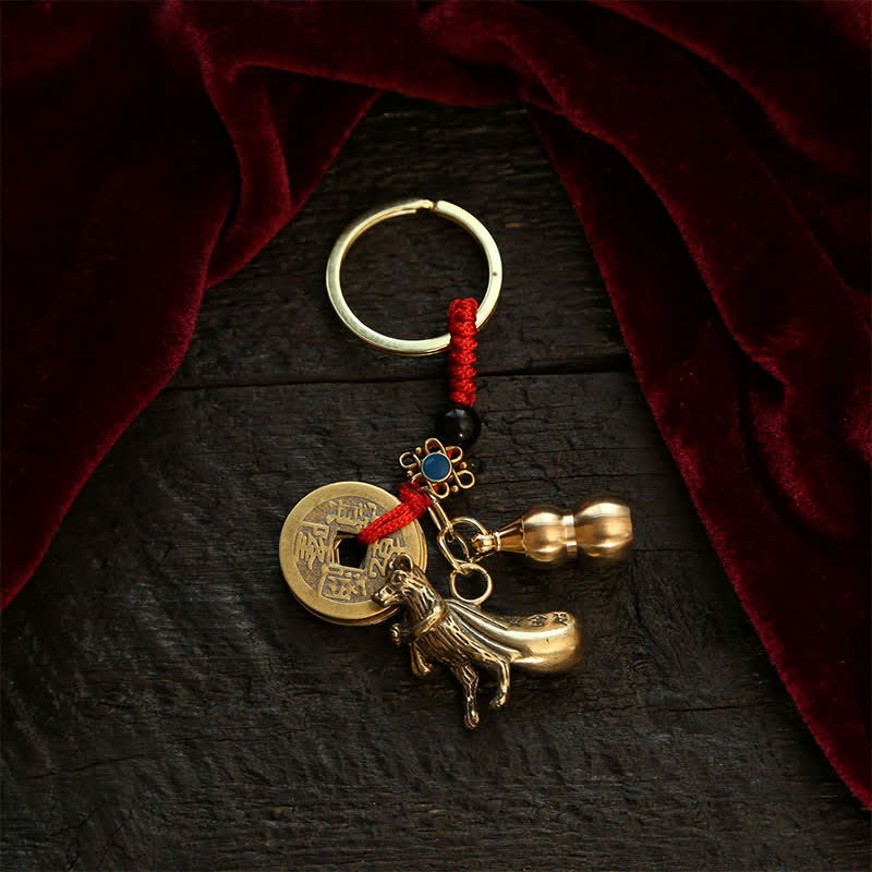 Buddha Stones Copper Chinese Zodiac Five Emperor Coins Gourd Wealth Keychains - Rat - image 1