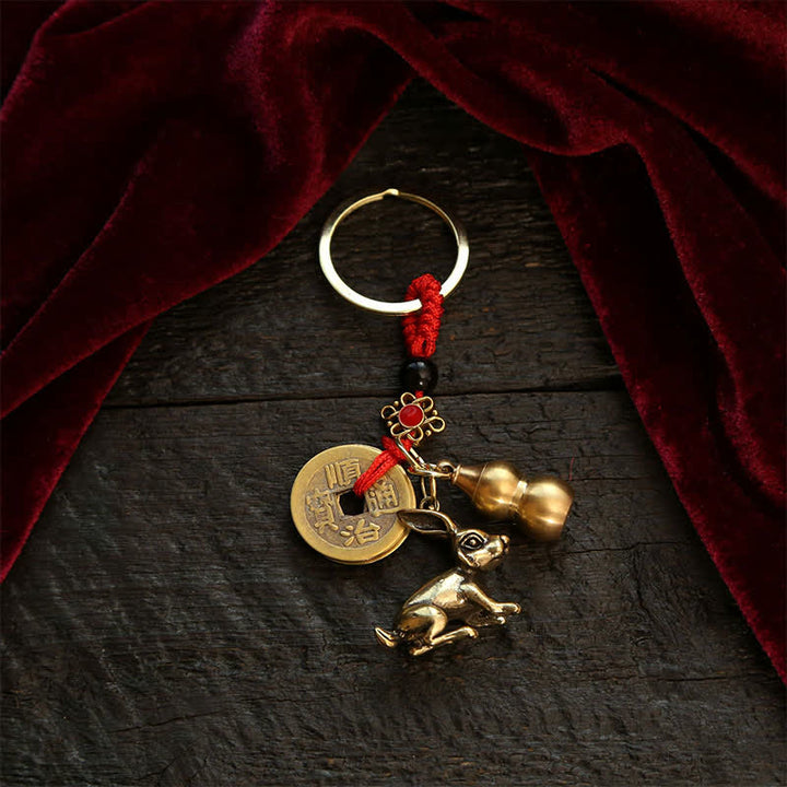 Buddha Stones Copper Chinese Zodiac Five Emperor Coins Gourd Wealth Keychains - Rabbit - image 4