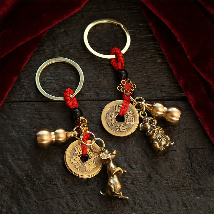 Buddha Stones Copper Chinese Zodiac Five Emperor Coins Gourd Wealth Keychains - image 21
