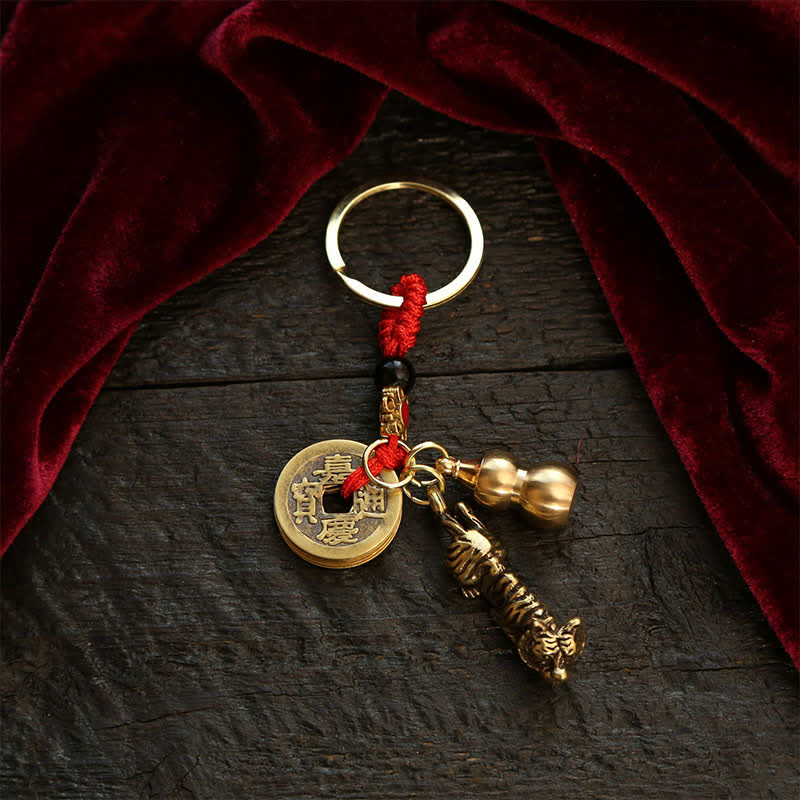 Buddha Stones Copper Chinese Zodiac Five Emperor Coins Gourd Wealth Keychains - Tiger - image 3