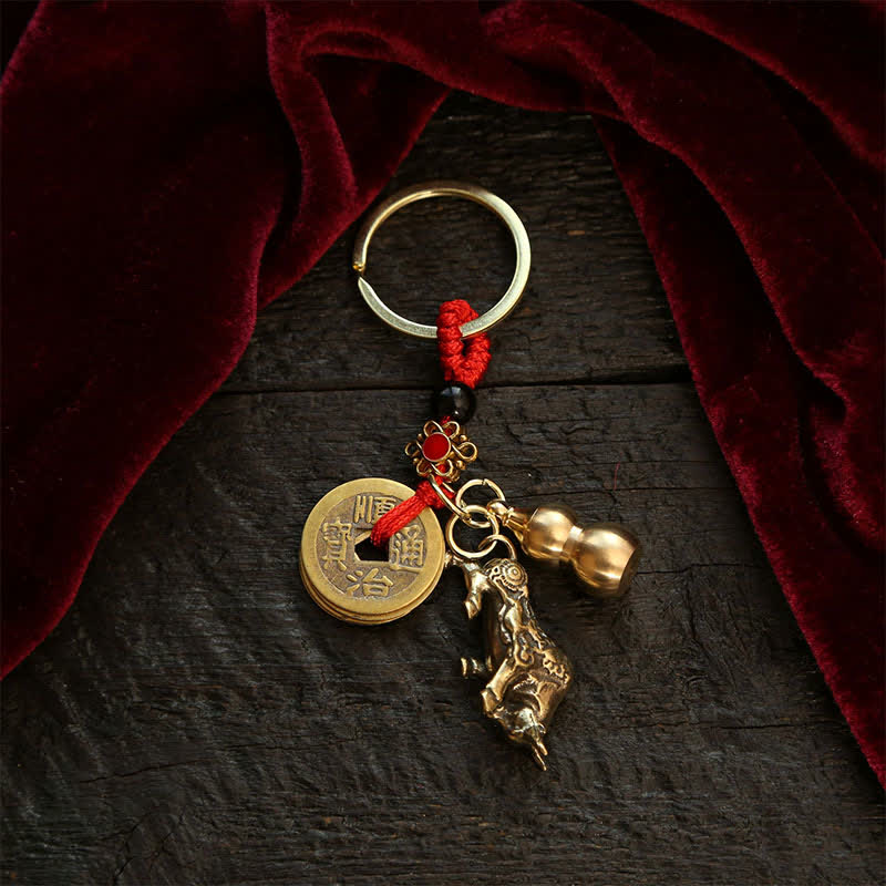 Buddha Stones Copper Chinese Zodiac Five Emperor Coins Gourd Wealth Keychains - Ox - image 2