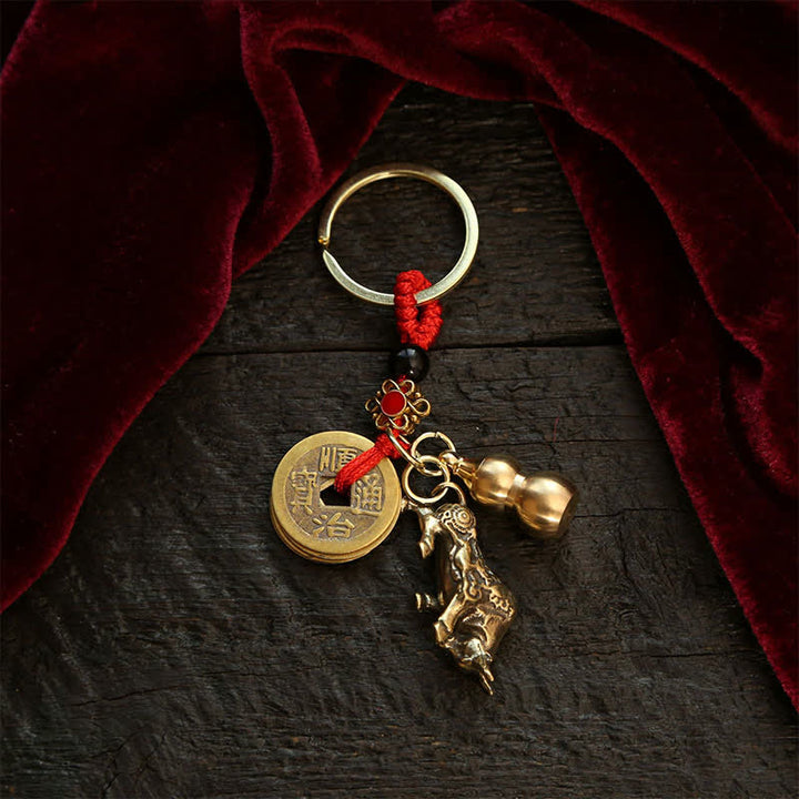 Buddha Stones Copper Chinese Zodiac Five Emperor Coins Gourd Wealth Keychains - Ox - image 2