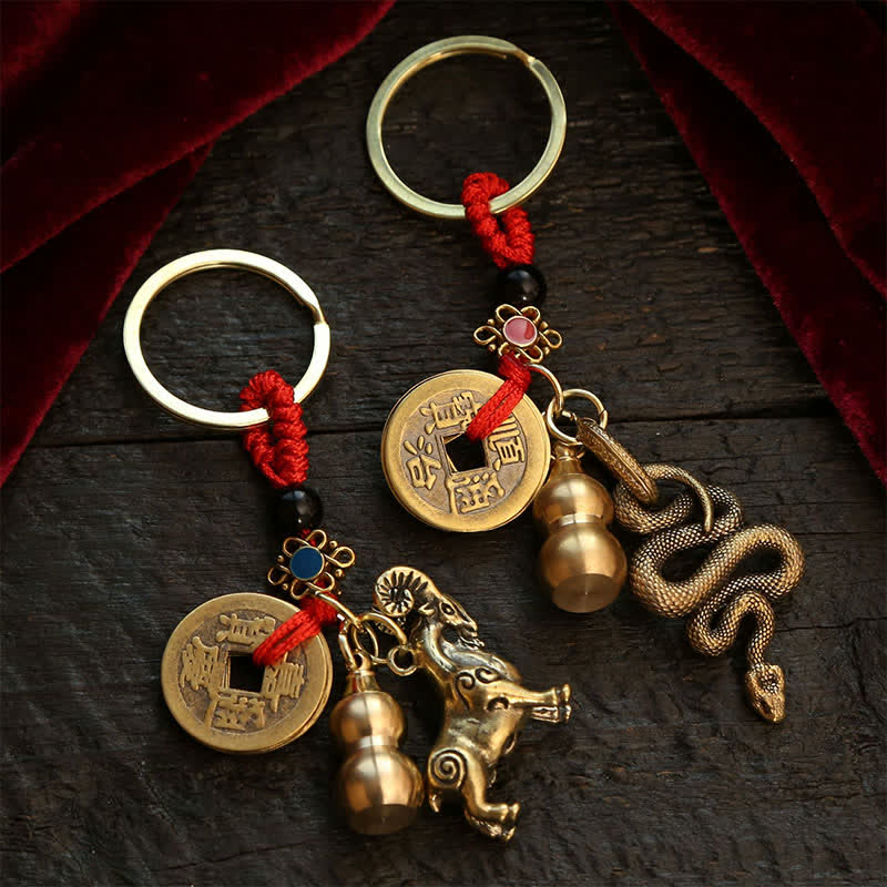 Buddha Stones Copper Chinese Zodiac Five Emperor Coins Gourd Wealth Keychains - image 22
