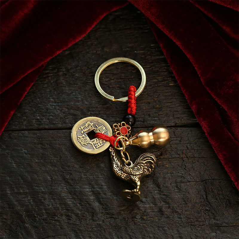 Buddha Stones Copper Chinese Zodiac Five Emperor Coins Gourd Wealth Keychains - Rooster - image 16