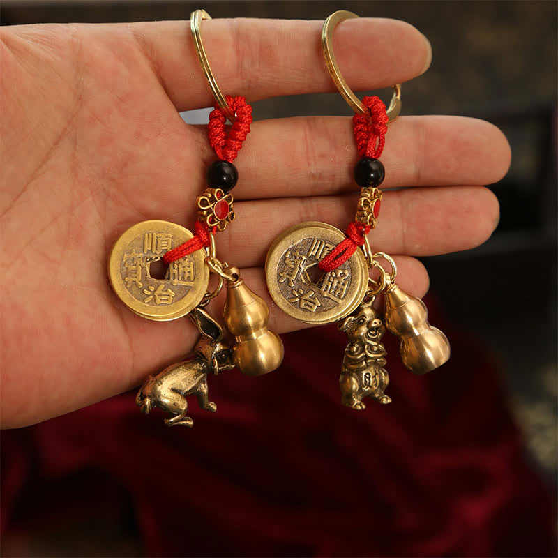 Buddha Stones Copper Chinese Zodiac Five Emperor Coins Gourd Wealth Keychains - image 23