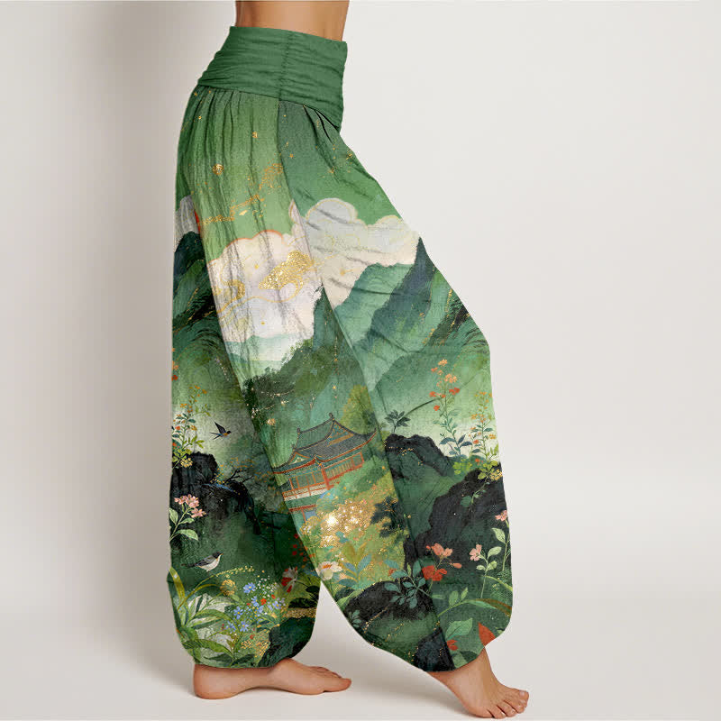 Buddha Stones Cotton Mountain Pavilion Sun Pattern Women's Elastic Waist Harem Pants - image 1