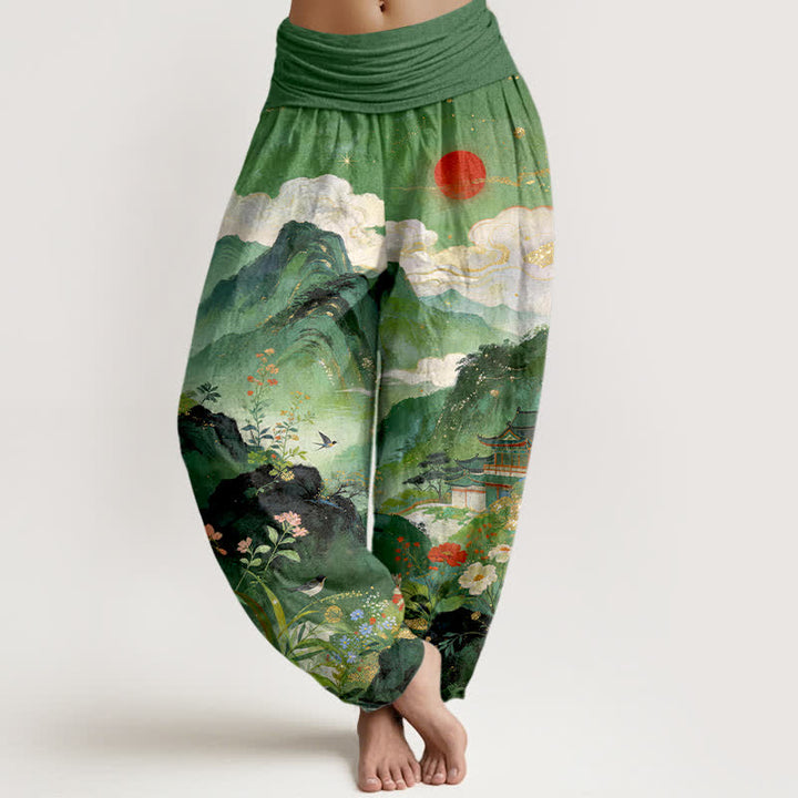 Buddha Stones Cotton Mountain Pavilion Sun Pattern Women's Elastic Waist Harem Pants - SeaGreen - US16，UK/AU20，EU48 (3XL) - image 0