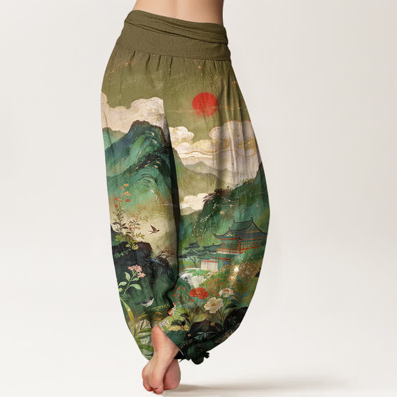 Buddha Stones Cotton Mountain Pavilion Sun Pattern Women's Elastic Waist Harem Pants - image 7