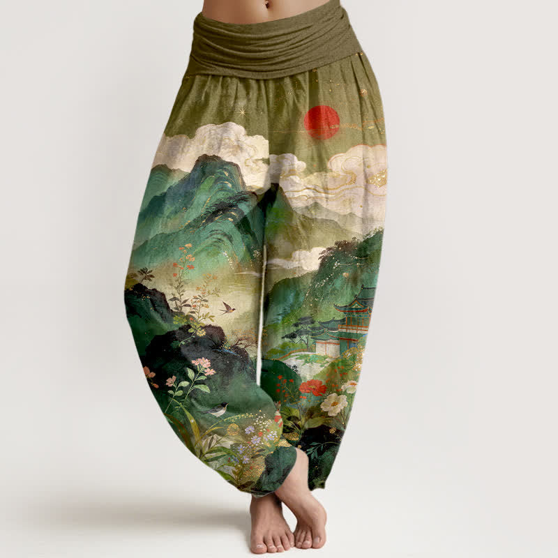 Buddha Stones Cotton Mountain Pavilion Sun Pattern Women's Elastic Waist Harem Pants - Olive - US16，UK/AU20，EU48 (3XL) - image 5