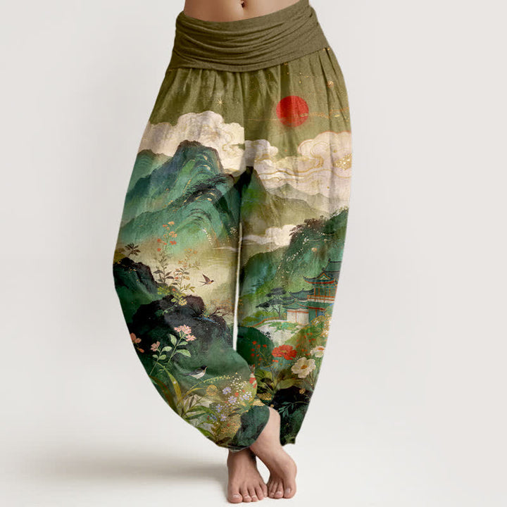 Buddha Stones Cotton Mountain Pavilion Sun Pattern Women's Elastic Waist Harem Pants - Olive - US16，UK/AU20，EU48 (3XL) - image 5