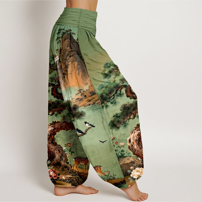 Buddha Stones Cotton Mountain Pine Deer Pattern Women's Elastic Waist Harem Pants - image 1