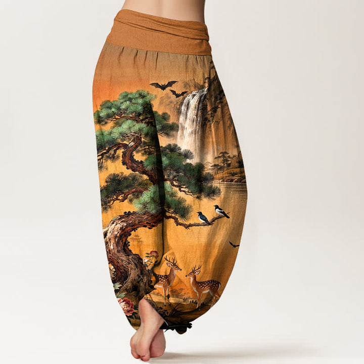 Buddha Stones Cotton Mountain Pine Deer Pattern Women's Elastic Waist Harem Pants - image 10