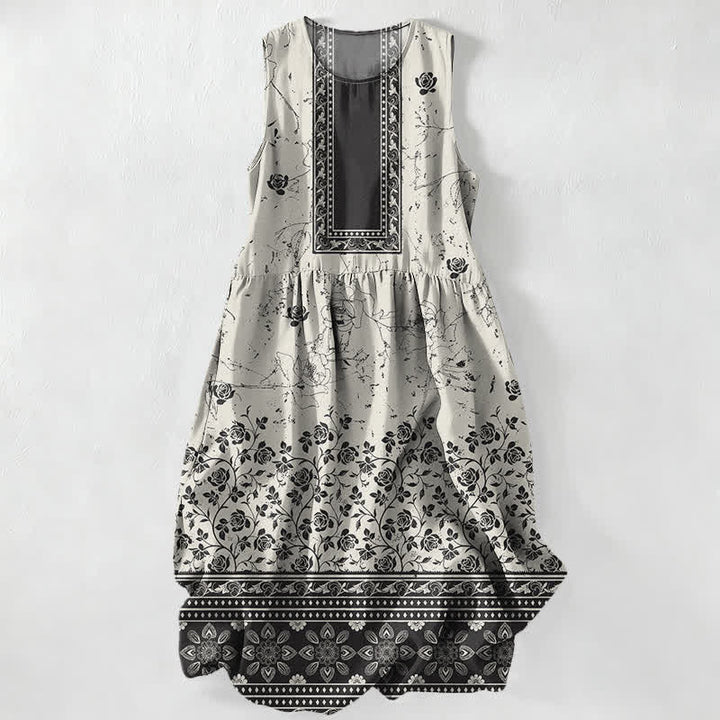 Buddha Stones Summer Casual Vintage Floral Border Pattern Women's Summer Sleeveless Midi Dress With Pockets - Ivory - US16，UK/AU20，EU48 (3XL) - image 0