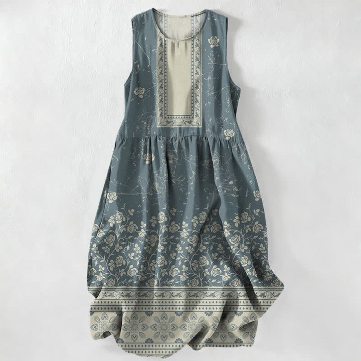 Buddha Stones Summer Casual Vintage Floral Border Pattern Women's Summer Sleeveless Midi Dress With Pockets - CadetBlue - US16，UK/AU20，EU48 (3XL) - image 4
