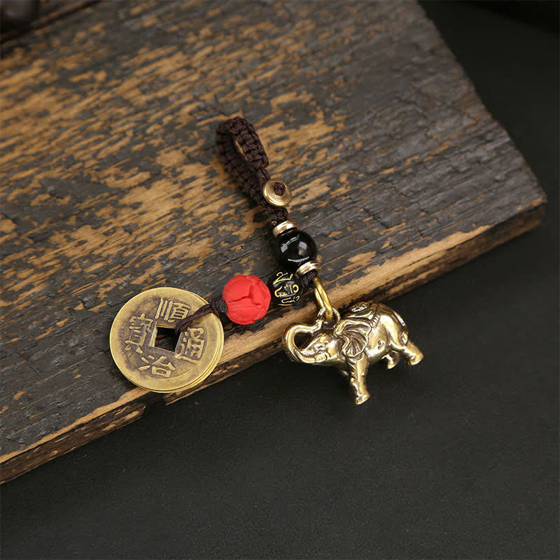 Buddha Stones Brass Elephant Five Emperor Coins Gourd Pi Xiu Wisdom Keychains - Red Bead Coins - image 9