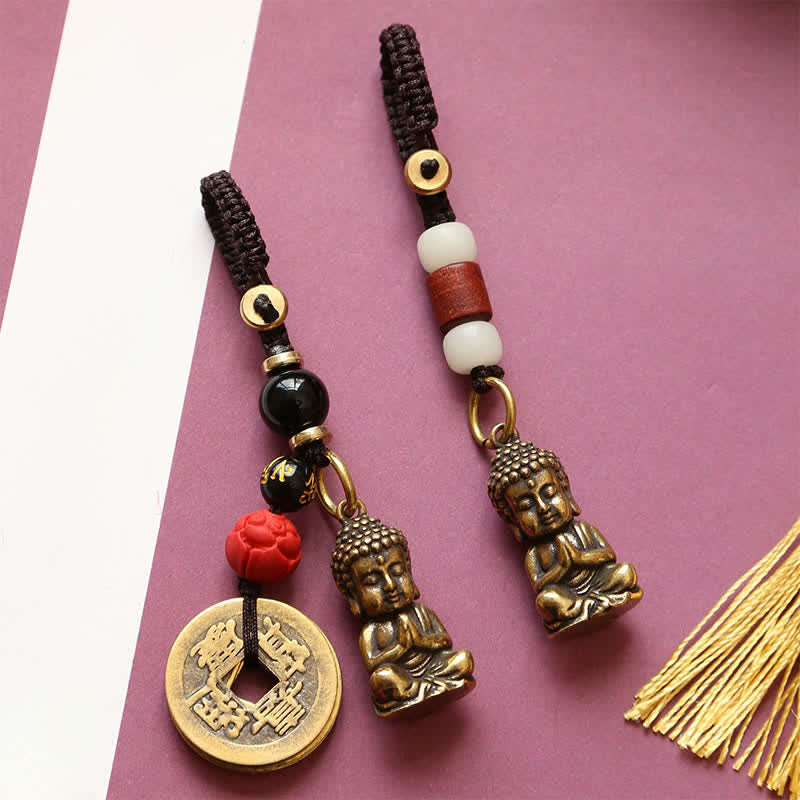 Buddha Stones Brass Buddha Five Emperor Coins Braided Cord Compassion Keychains - image 17