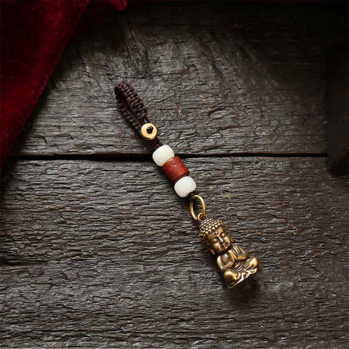 Buddha Stones Brass Buddha Five Emperor Coins Braided Cord Compassion Keychains - White Bead Cord - image 1