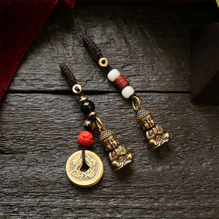 Buddha Stones Brass Buddha Five Emperor Coins Braided Cord Compassion Keychains - image 0
