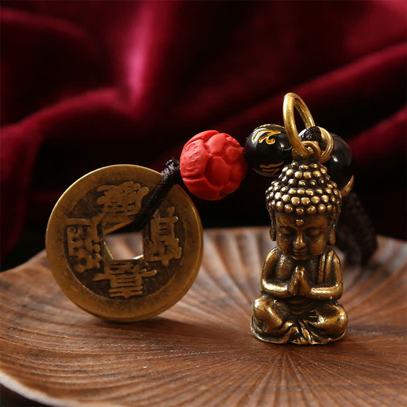 Buddha Stones Brass Buddha Five Emperor Coins Braided Cord Compassion Keychains - image 12