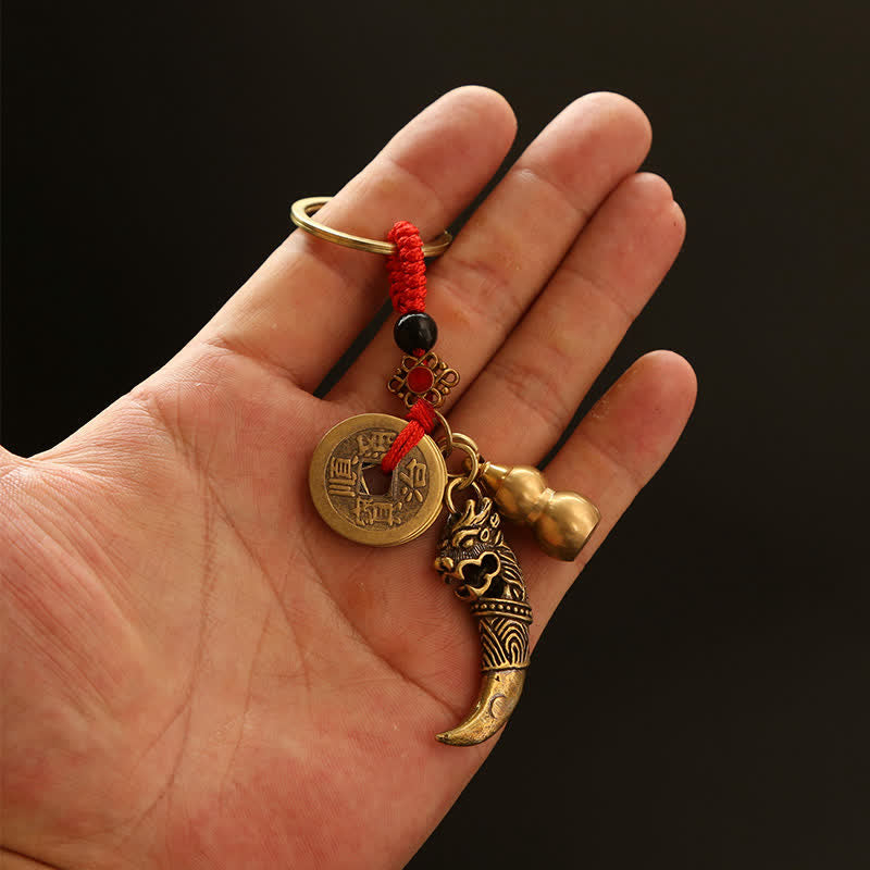 Buddha Stones Copper Pi Xiu Braided Five Emperor Coins Gourd Wealth Keychains - image 1