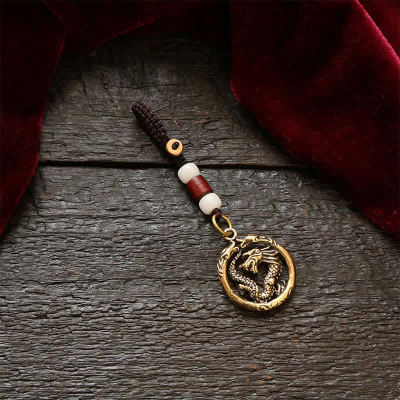 Buddha Stones Copper Dragon Wealth Braided Round Keychains - White Bead Cord - image 1