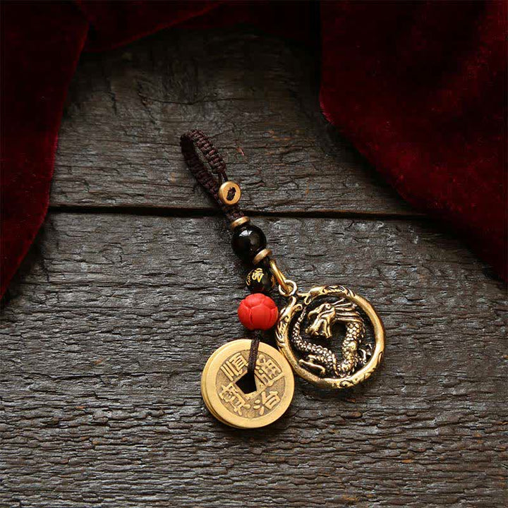 Buddha Stones Copper Dragon Wealth Braided Round Keychains - Five Emperor Coins - image 4