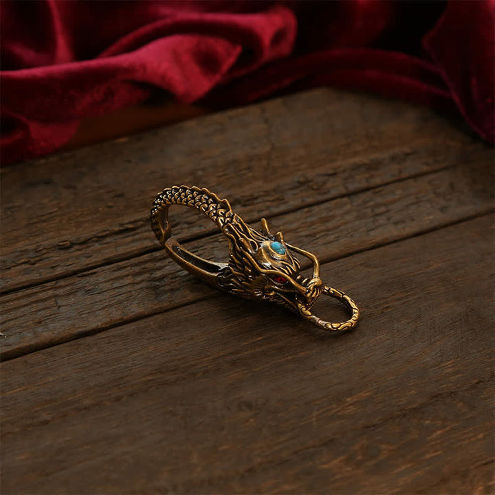 Buddha Stones Brass Dragon Strength Lock Keychains - Brass Blue Gem - image 1