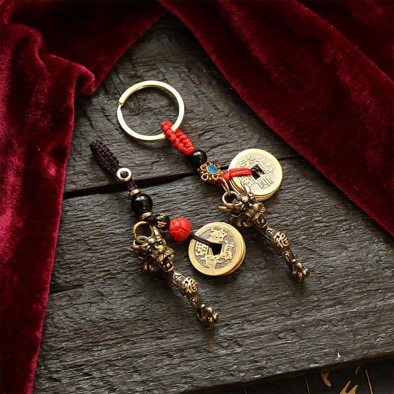 Buddha Stones Brass Dragon Ruyi Five Emperor Coins Success Keychains - image 13