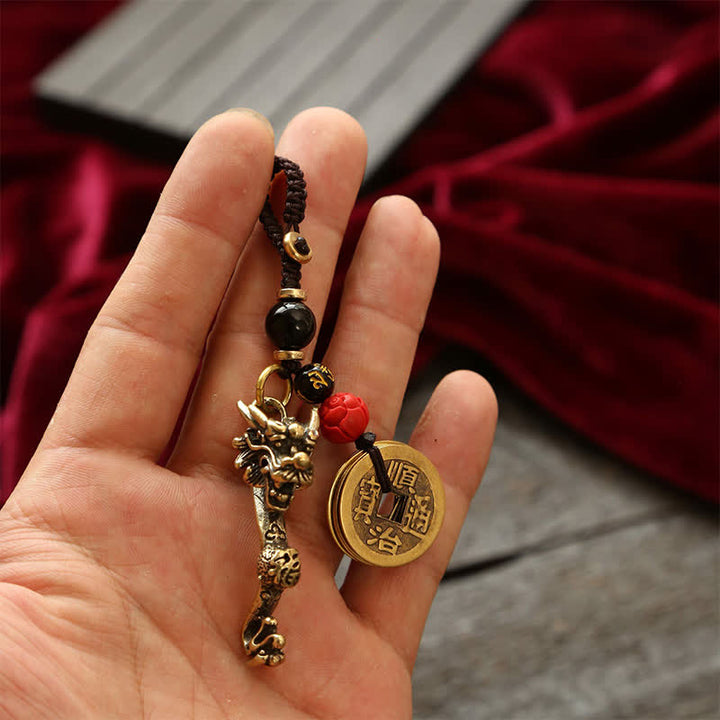 Buddha Stones Brass Dragon Ruyi Five Emperor Coins Success Keychains - image 12