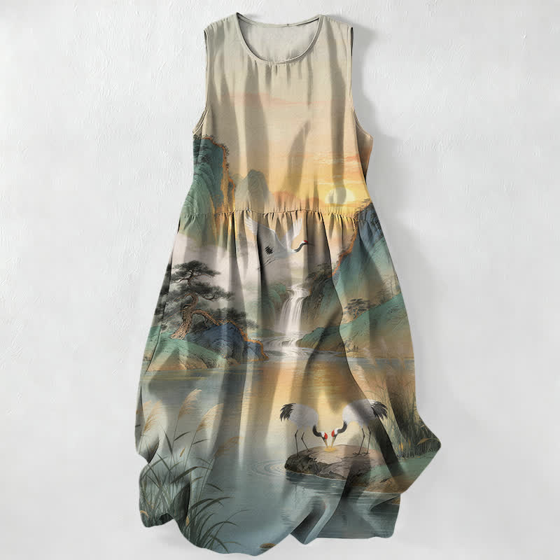 Buddha Stones Summer Casual Crane Waterfall Landscape Pattern Women's Summer Sleeveless Midi Dress With Pockets - Gainsboro - US16，UK/AU20，EU48 (3XL) - image 0