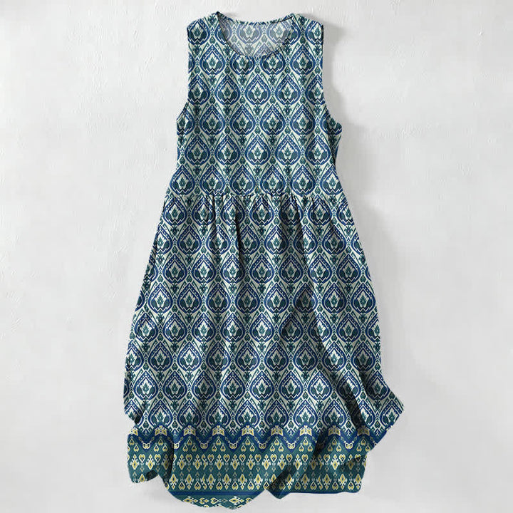 Buddha Stones Summer Casual Bohemian Ikat Geometric Pattern Women's Summer Sleeveless Midi Dress With Pockets - SteelBlue - US16，UK/AU20，EU48 (3XL) - image 4
