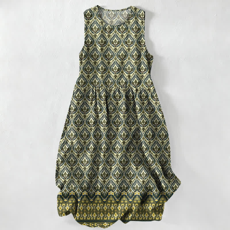 Buddha Stones Summer Casual Bohemian Ikat Geometric Pattern Women's Summer Sleeveless Midi Dress With Pockets - DarkOliveGreen - US16，UK/AU20，EU48 (3XL) - image 5