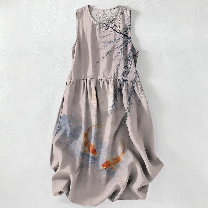 Buddha Stones Summer Casual Ink Koi Willow Pattern Women's Summer Sleeveless Midi Dress With Pockets - Gainsboro - US16，UK/AU20，EU48 (3XL) - image 5