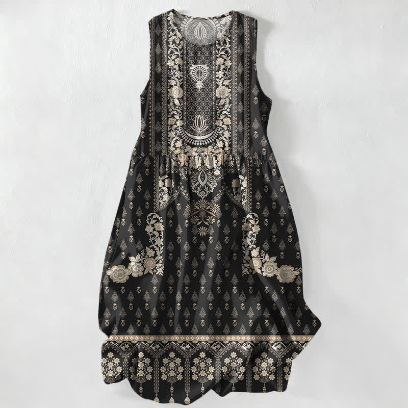 Buddha Stones Summer Casual Boho Ethnic Medallion Pattern Women's Summer Sleeveless Midi Dress With Pockets - Black - US16，UK/AU20，EU48 (3XL) - image 0