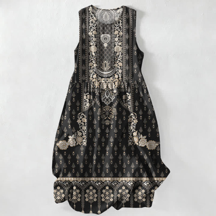 Buddha Stones Summer Casual Boho Ethnic Medallion Pattern Women's Summer Sleeveless Midi Dress With Pockets - Black - US16，UK/AU20，EU48 (3XL) - image 0