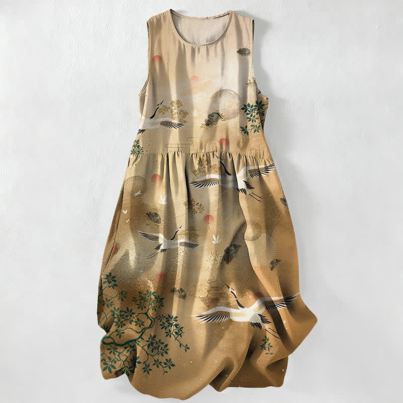 Buddha Stones Summer Casual Crane Botanical Sun Pattern Women's Summer Sleeveless Midi Dress With Pockets - BurlyWood - US16，UK/AU20，EU48 (3XL) - image 0