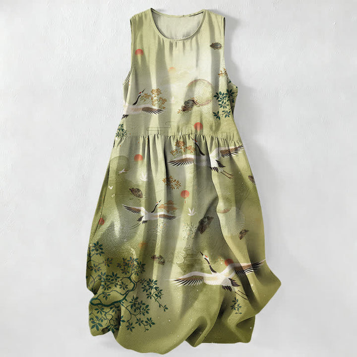 Buddha Stones Summer Casual Crane Botanical Sun Pattern Women's Summer Sleeveless Midi Dress With Pockets - OliveDrab - US16，UK/AU20，EU48 (3XL) - image 5